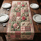 Pink Roses and Hearts on Plaid Table Runner