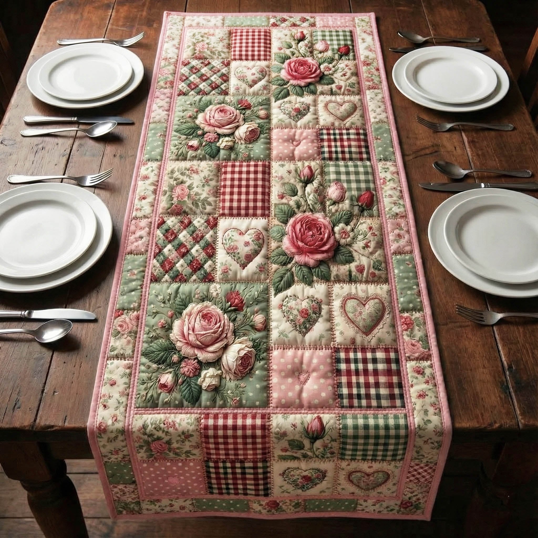 Pink Roses and Hearts on Plaid Table Runner