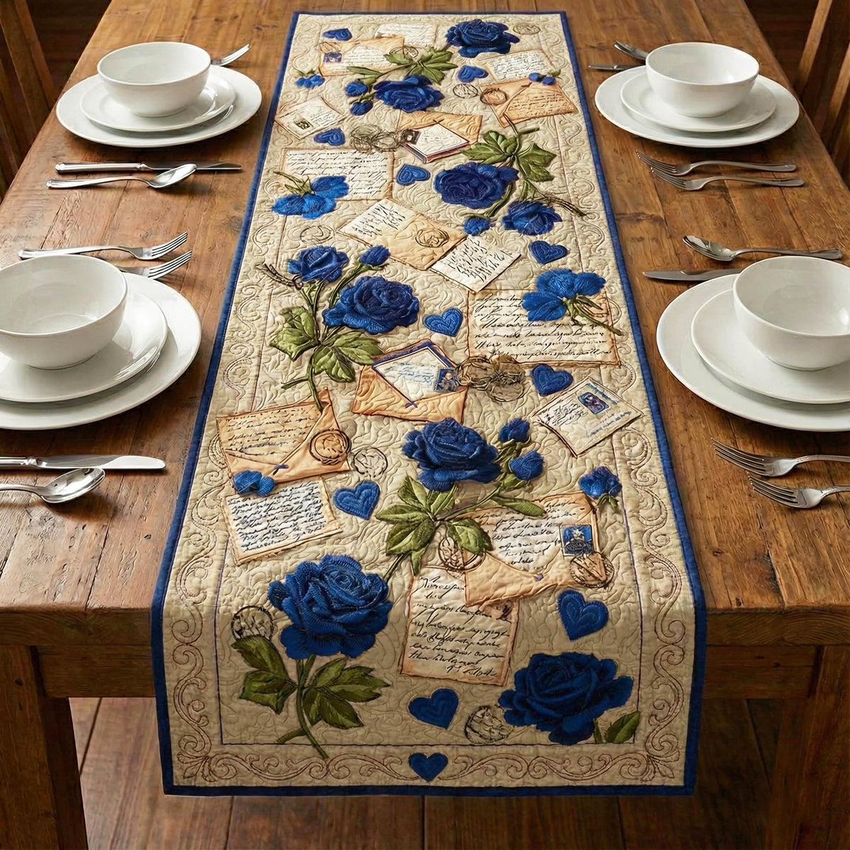 Blue Roses with Letters on Cream Table Runner
