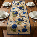 Blue Roses with Letters on Cream Table Runner