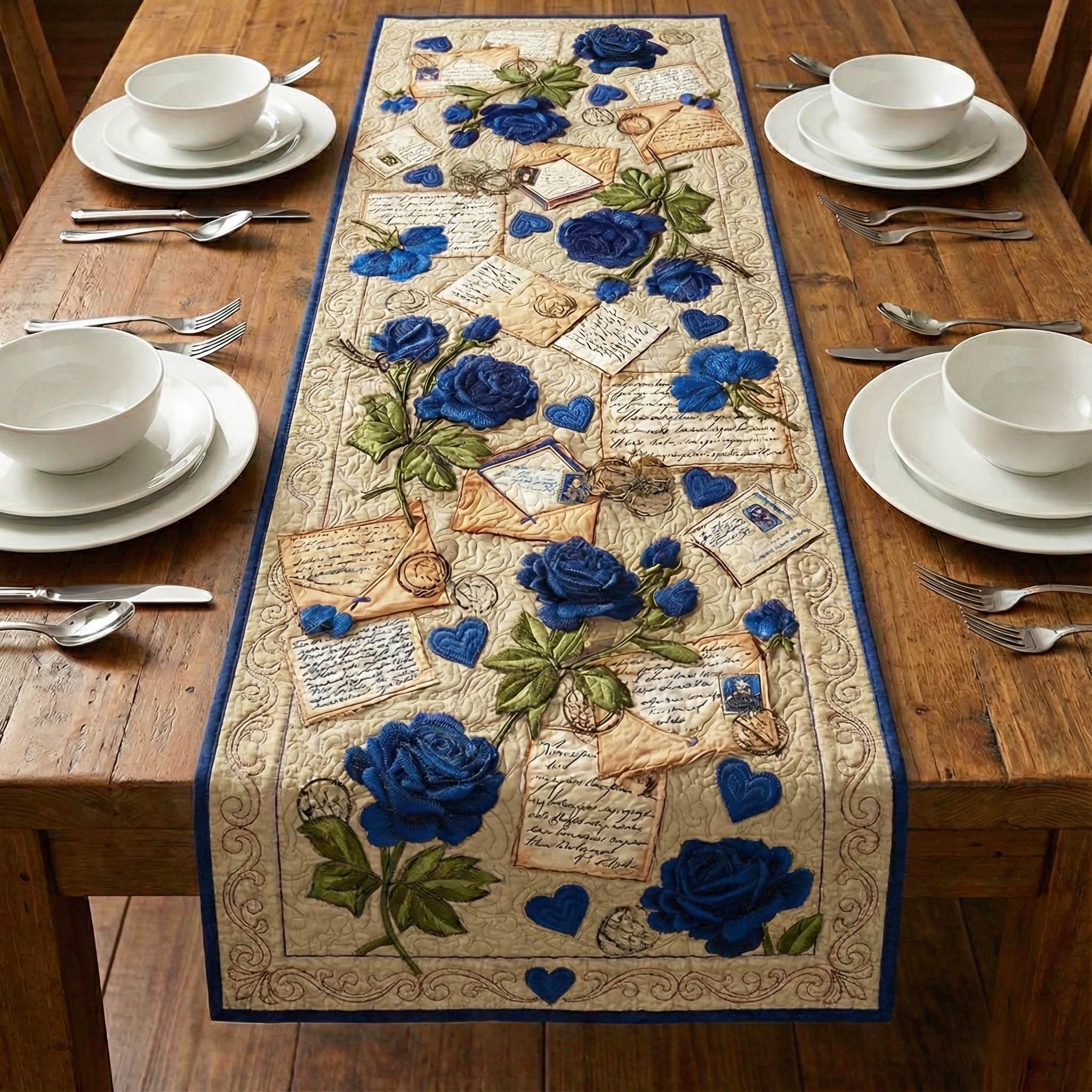 Blue Roses with Letters on Cream Table Runner