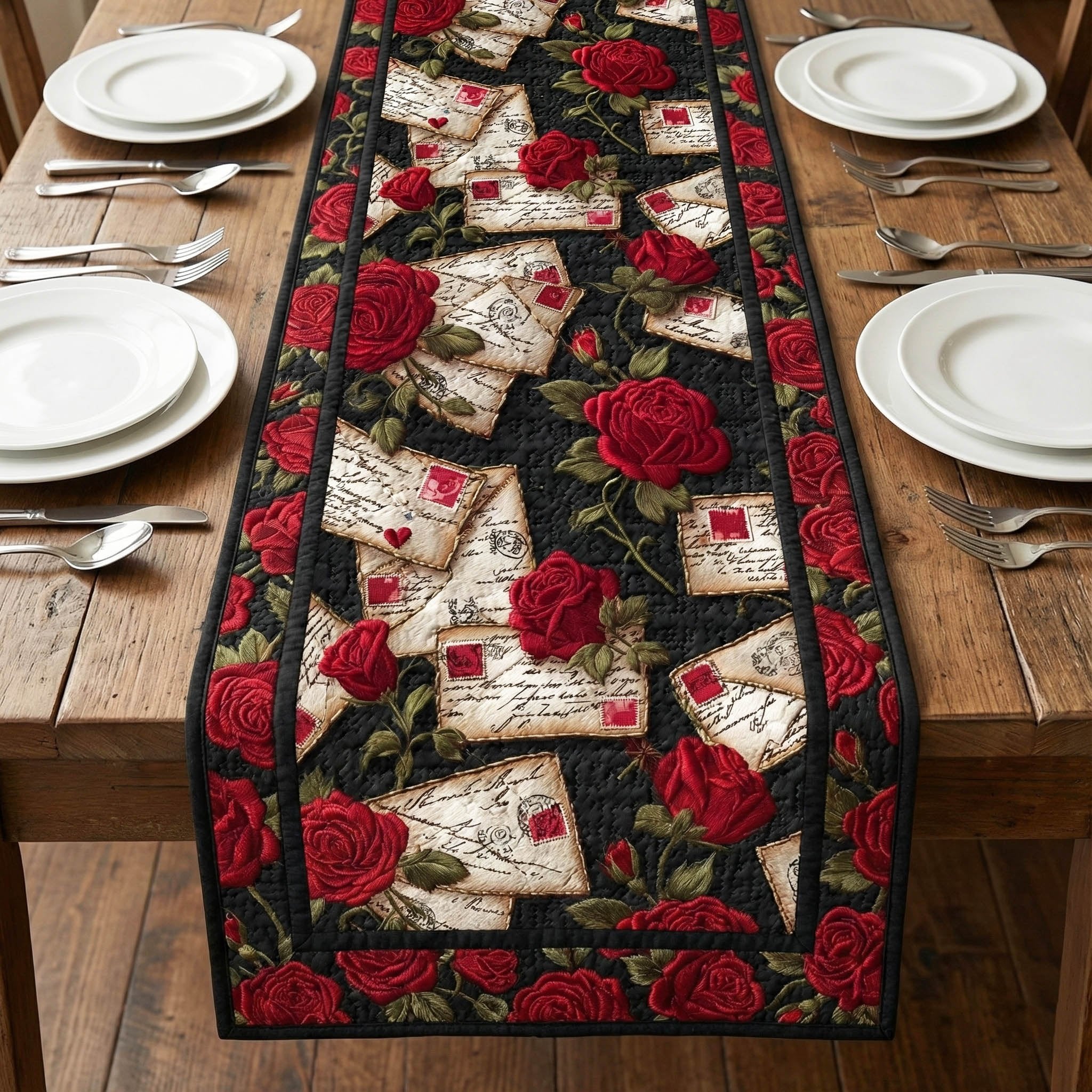 Red Roses and Letters on Black Table Runner