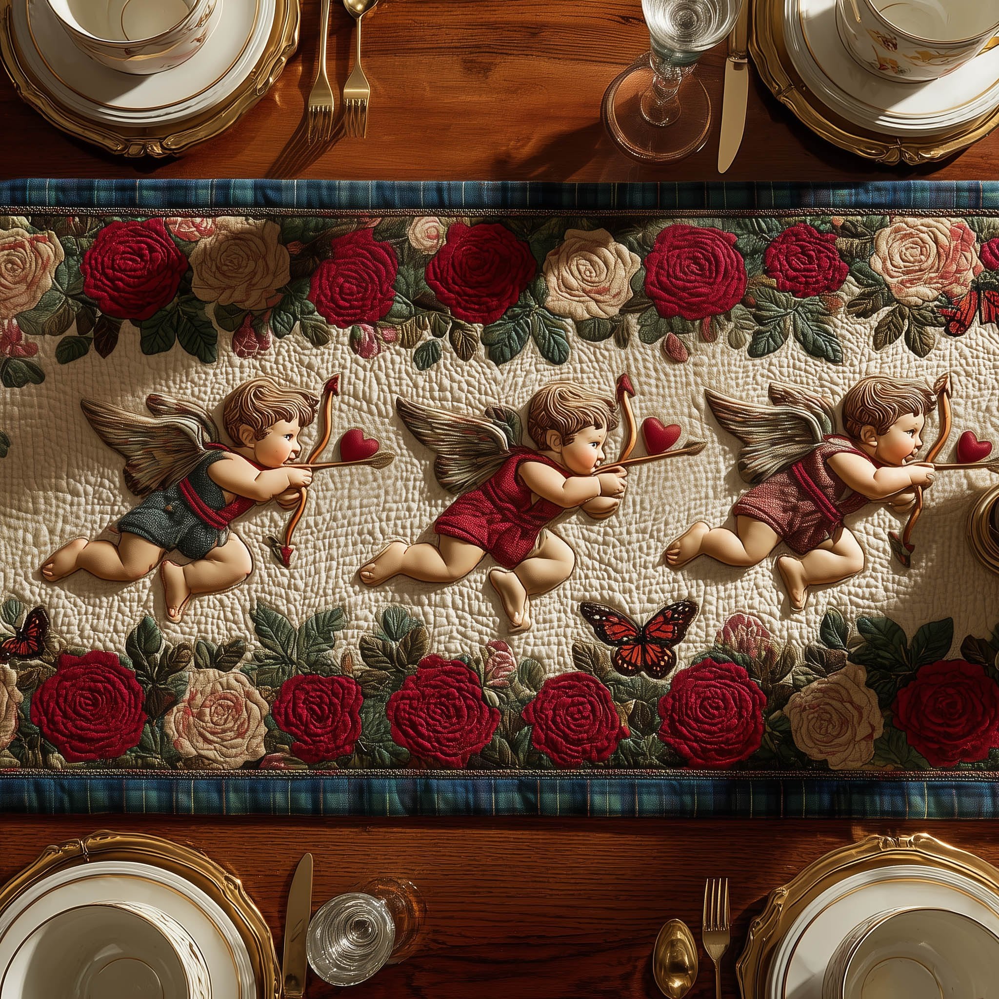 Cupids Above Red Rose Row Table Runner
