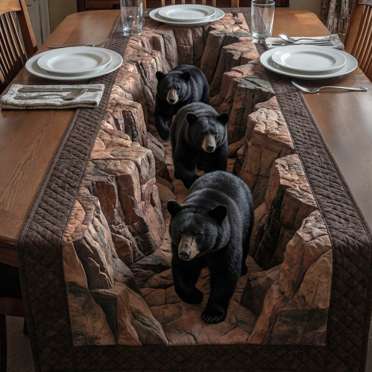 Black Bears on Rocky Ledge Table Runner