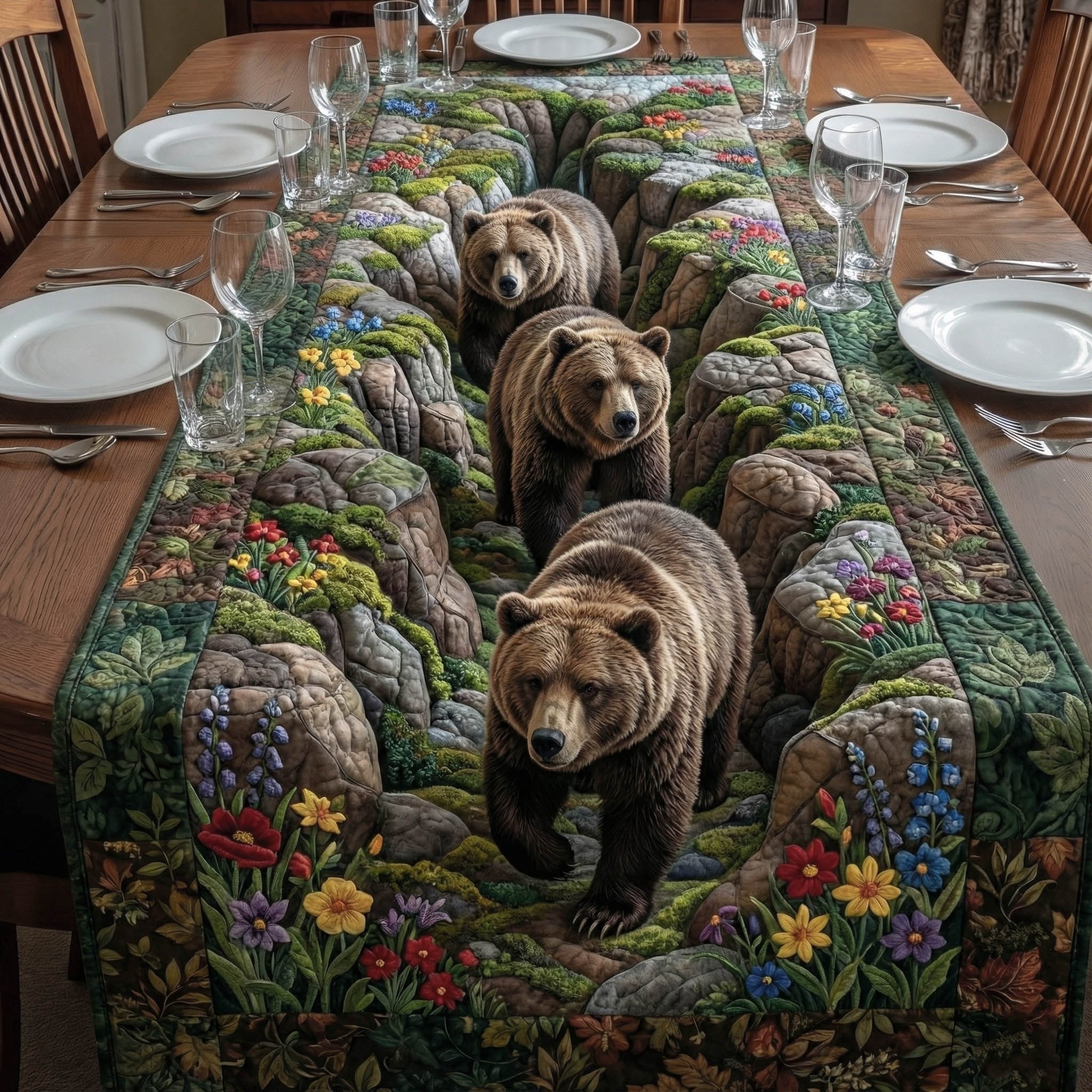 Bear on Flowering Rocky Hillside Table Runner