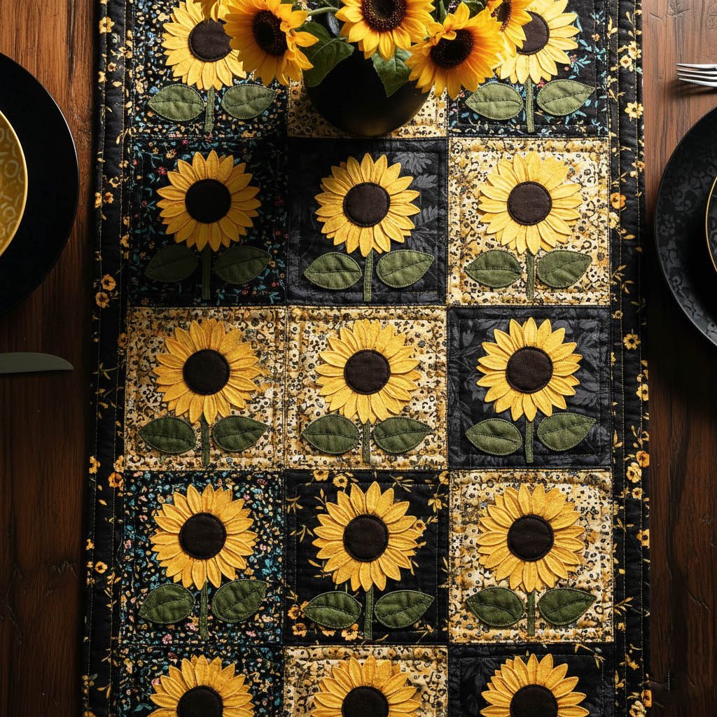 Sunflower Squares on Black Table Runner