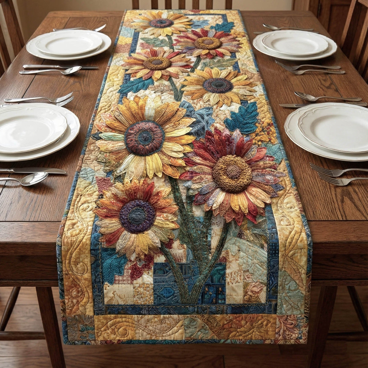 Sunflowers on Patchwork Border Table Runner