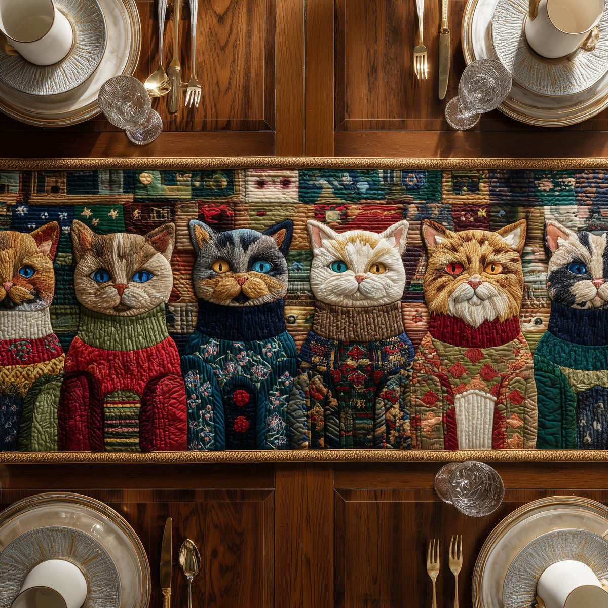 Cats in Patterned Jumpers Table Runner