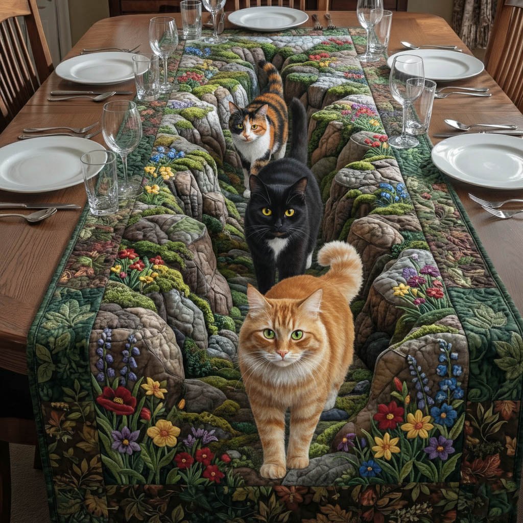 Cats on Flowering Rock Wall Table Runner