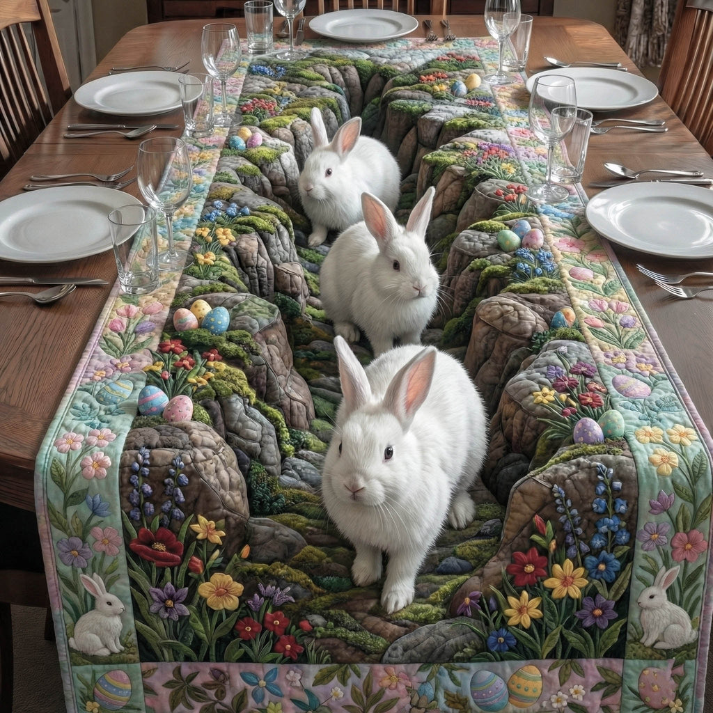 Three White Rabbits Among Stones Table Runner