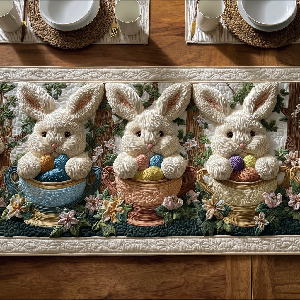 Bunnies with Egg Baskets on Cream Table Runner