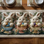 Bunnies with Egg Baskets on Cream Table Runner