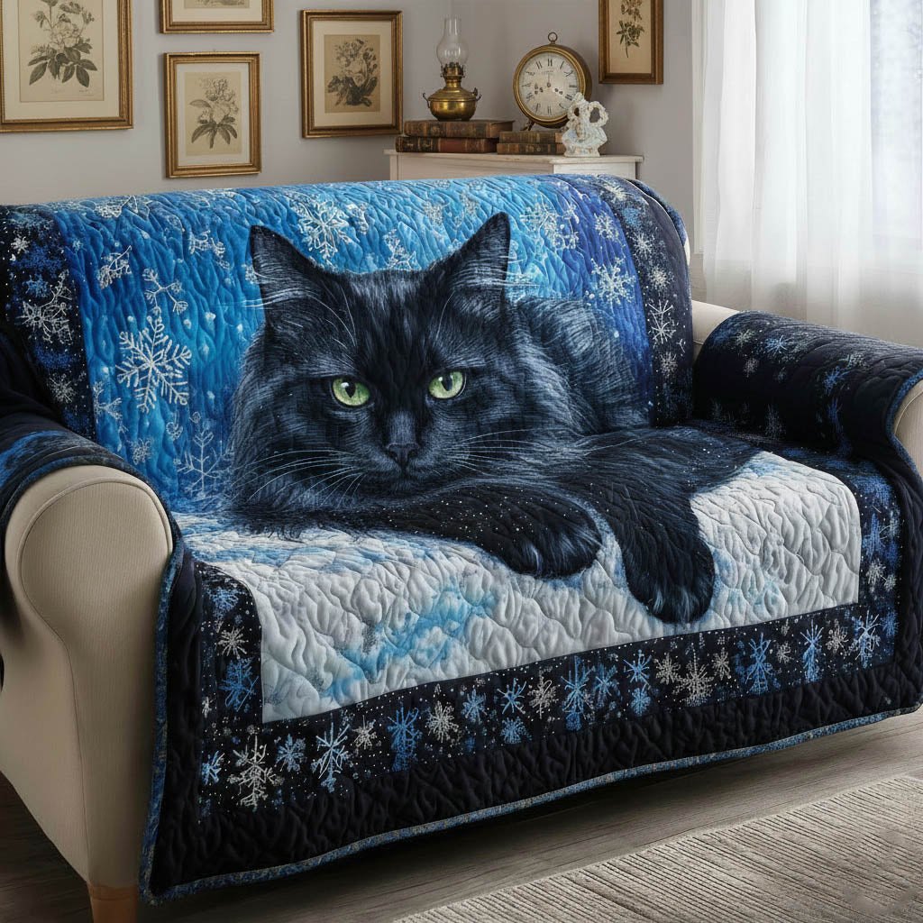 Black Cat on the Blue Snowflake Quilt Sofa Cover