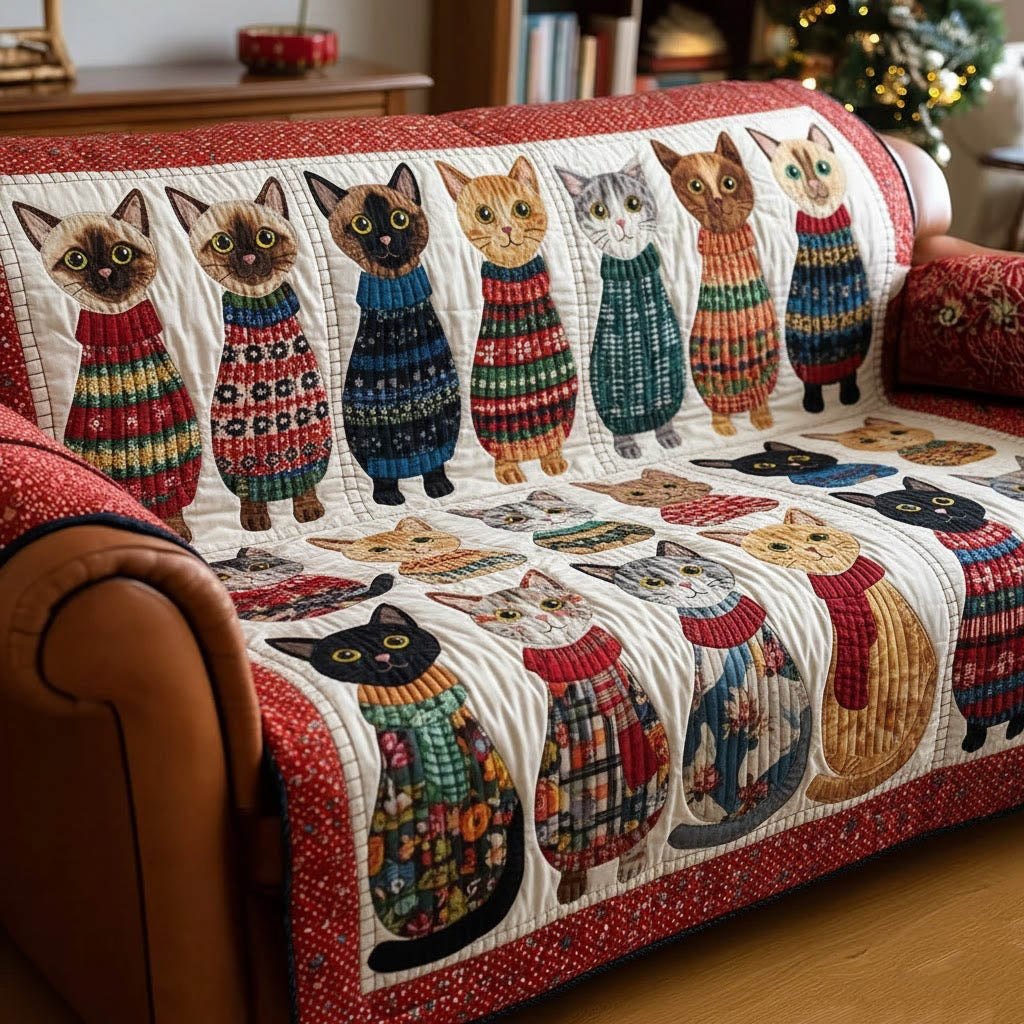 Patterned Folk Cats in a Row Sofa Cover