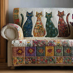 Folk Cats in Blue and Green Blooms Sofa Cover