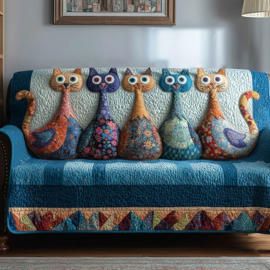 Wide Eyed Cats in Blue and Pink Sofa Cover