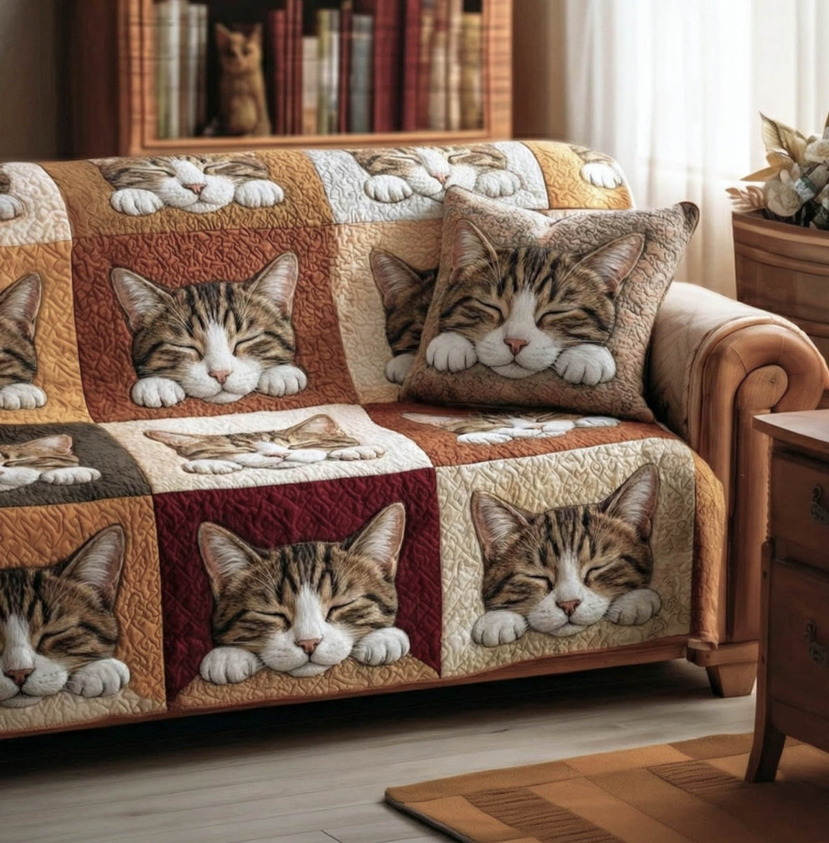 Tabby Faces in Rust Coloured Blocks Sofa Cover