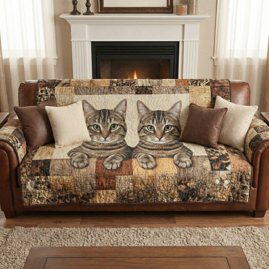 Two Tabbies on Earth Toned Patchwork Sofa Cover