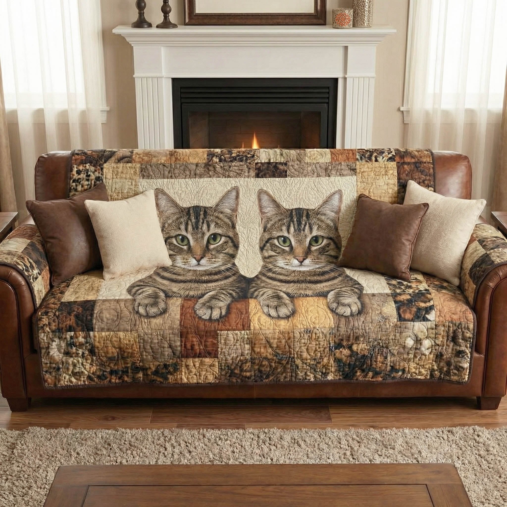 Two Tabbies on Earth Toned Patchwork Sofa Cover