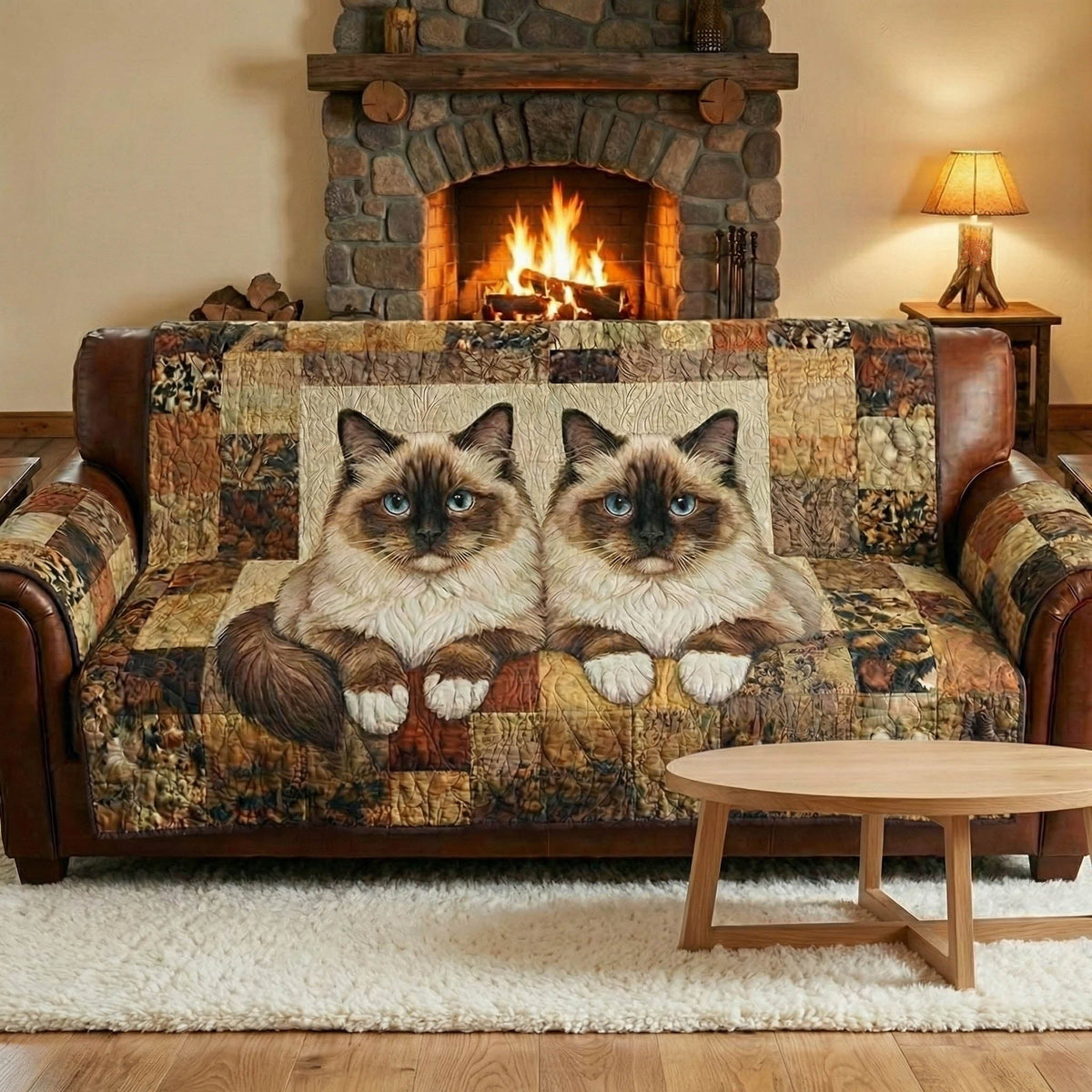 Siamese Pair on Brown Squares Sofa Cover