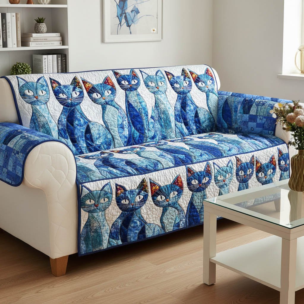 Blue Cats on the Denim Quilt Sofa Cover