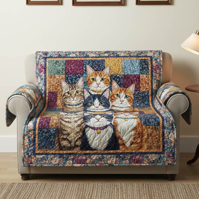 Three Cats on Floral Patchwork Sofa Cover