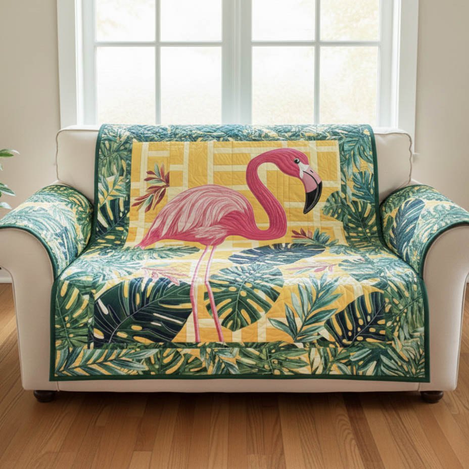 Flamingo Among Palm Leaves on Yellow Sofa Cover
