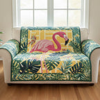Flamingo Among Palm Leaves on Yellow Sofa Cover