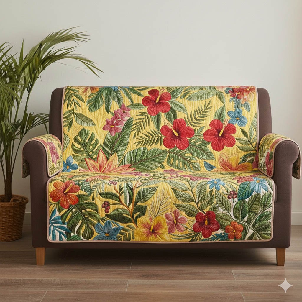 Hibiscus and Palms on Golden Green Sofa Cover