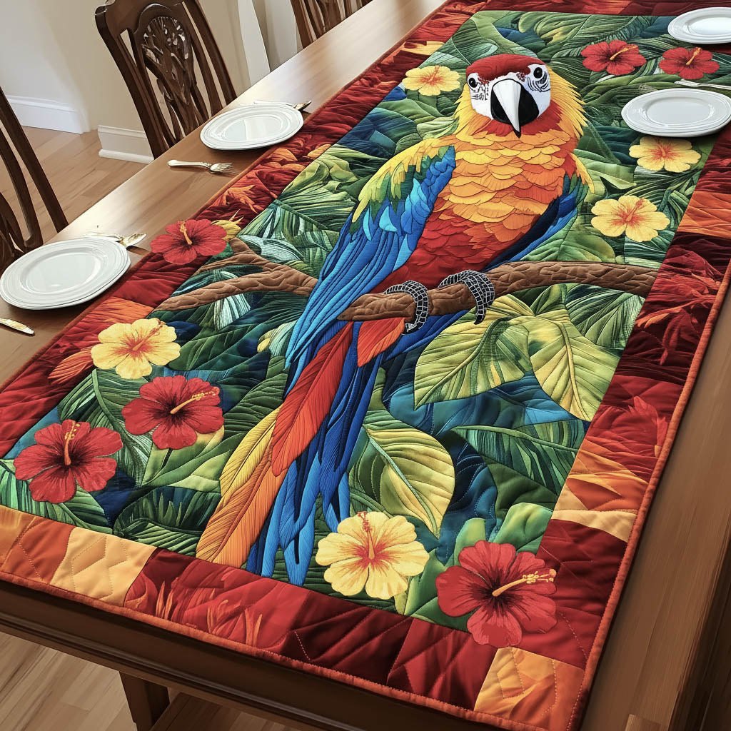 Macaw on Branch with Hibiscus Table Runner
