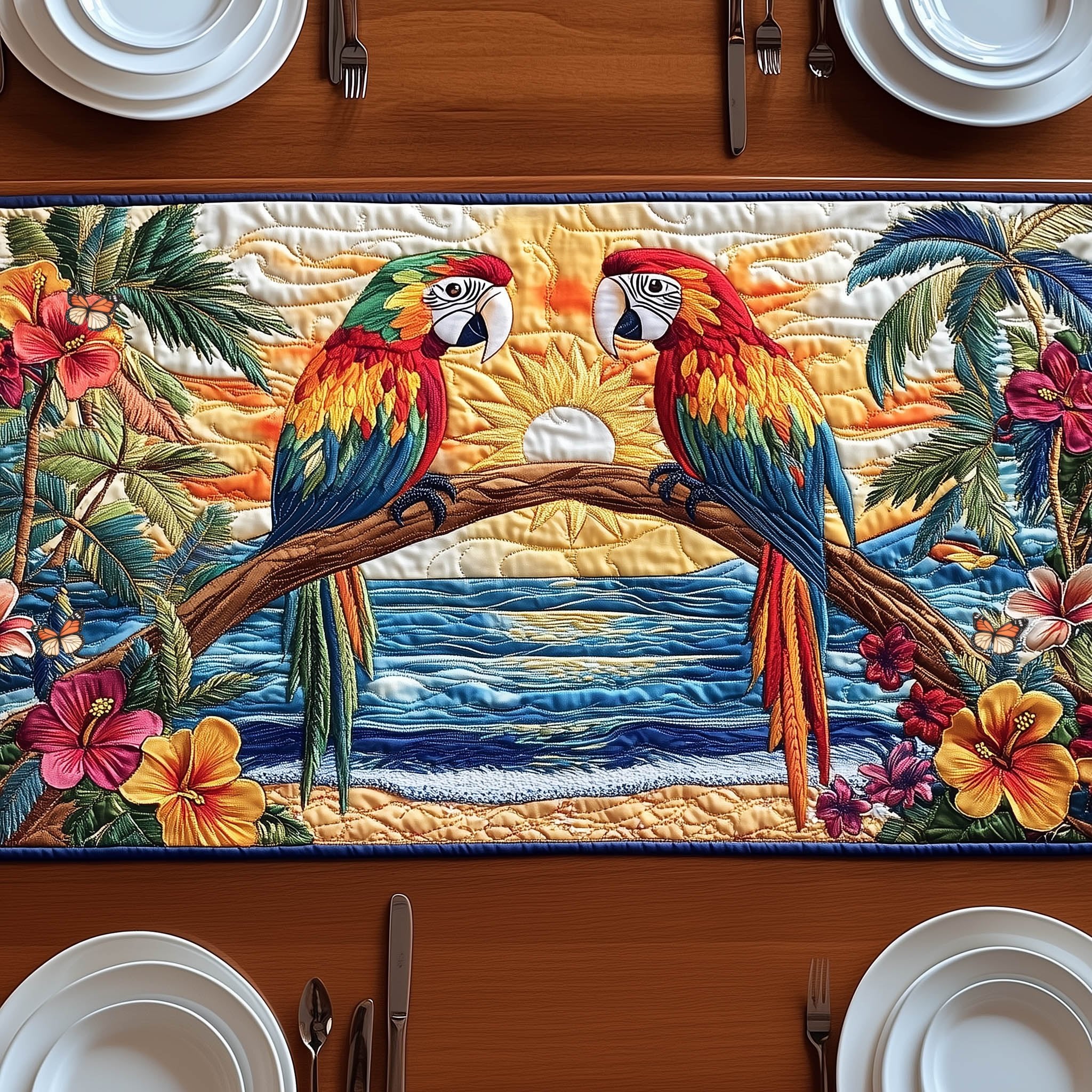 Macaw Pair Above Blue Sea Table Runner