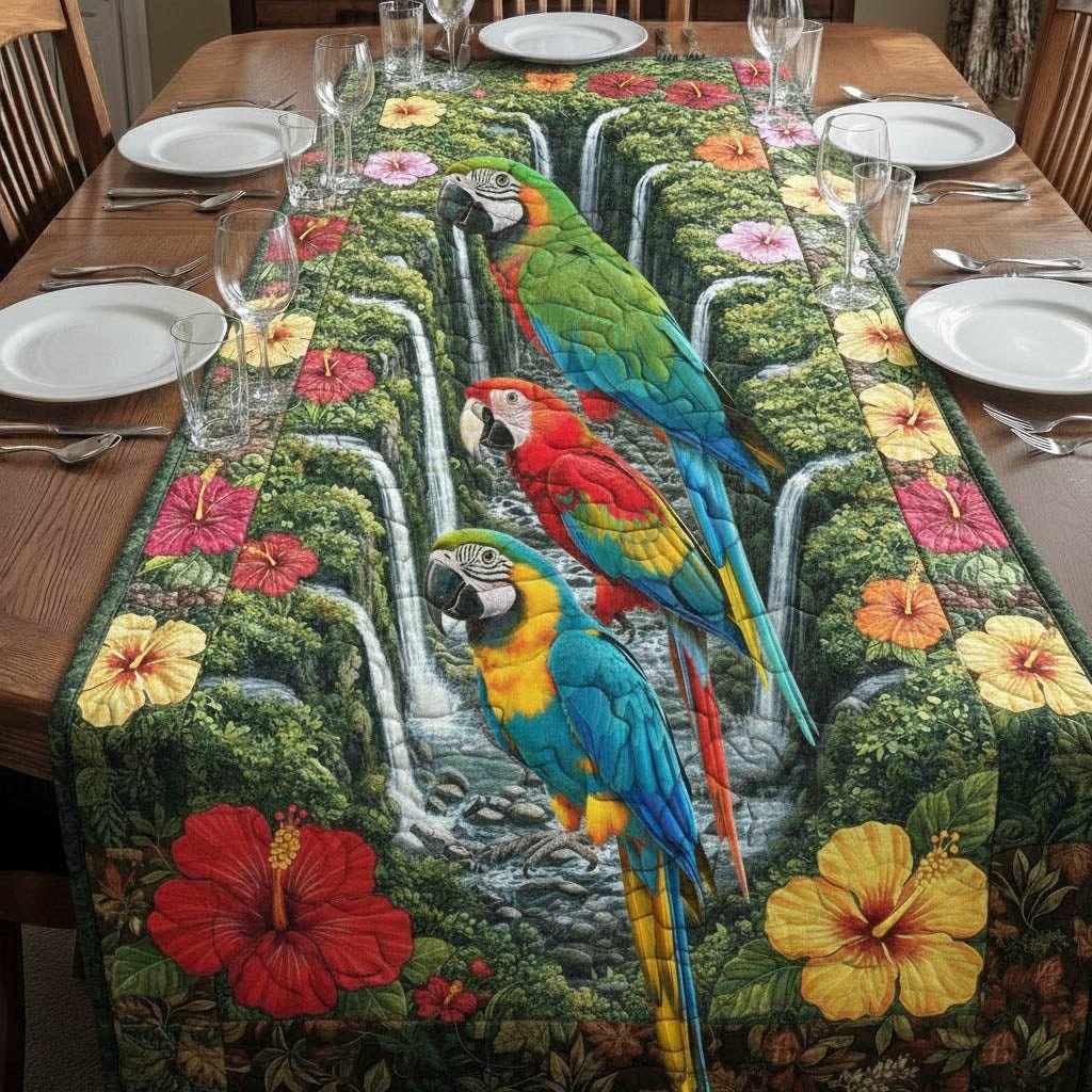Parrots with Hibiscus and Waterfall Table Runner