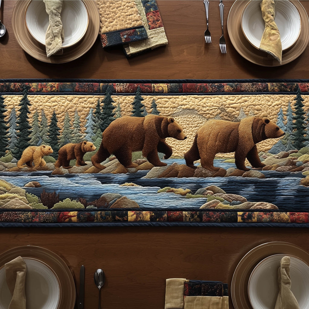 Brown Bears Walking by River Table Runner