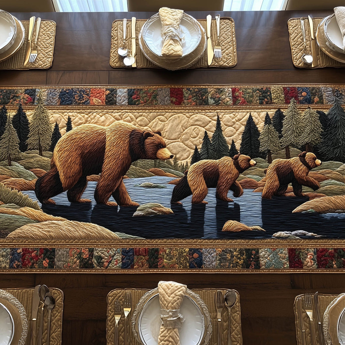 Bear Family Fishing in Stream Table Runner