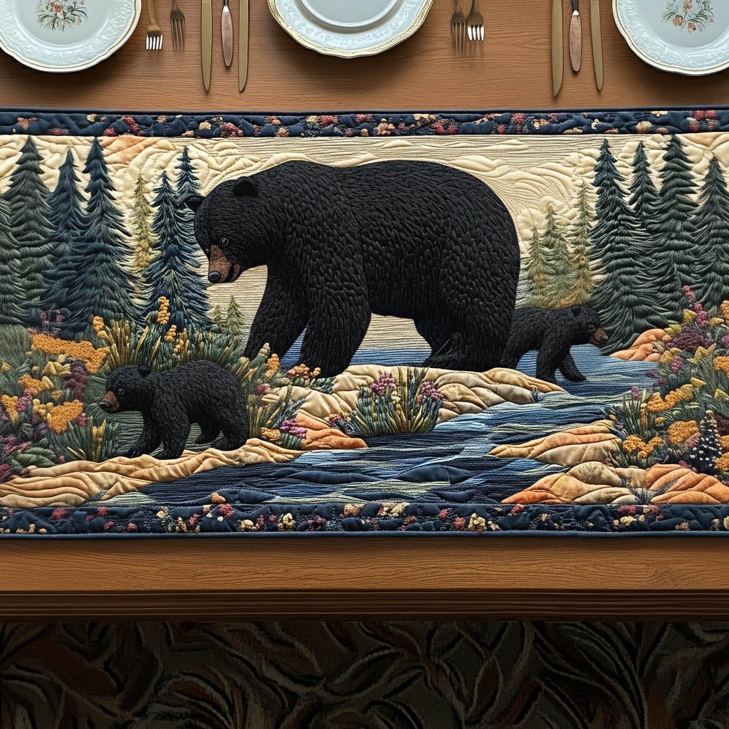 Black Bear and Cub by the River Table Runner