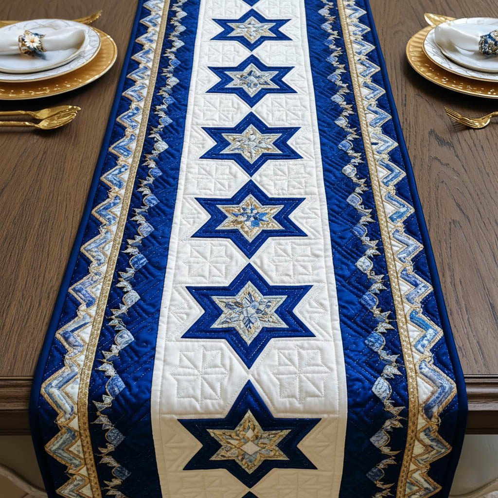 Navy Stars on White Panel Table Runner