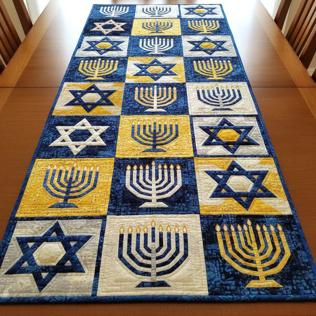 Menorah and Star Squares in Blue Table Runner