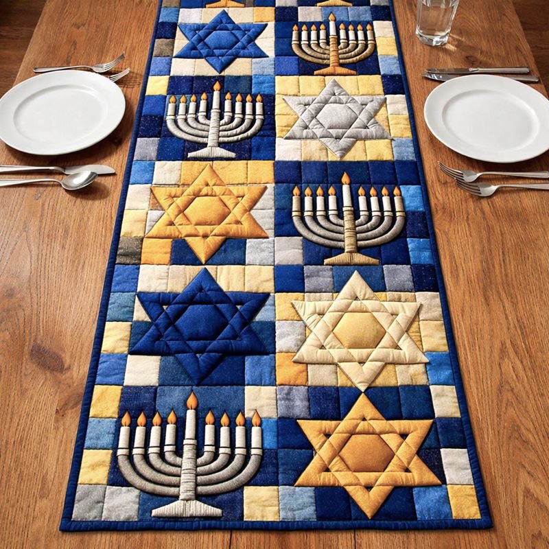 Gold Stars and Menorahs on Blue Table Runner