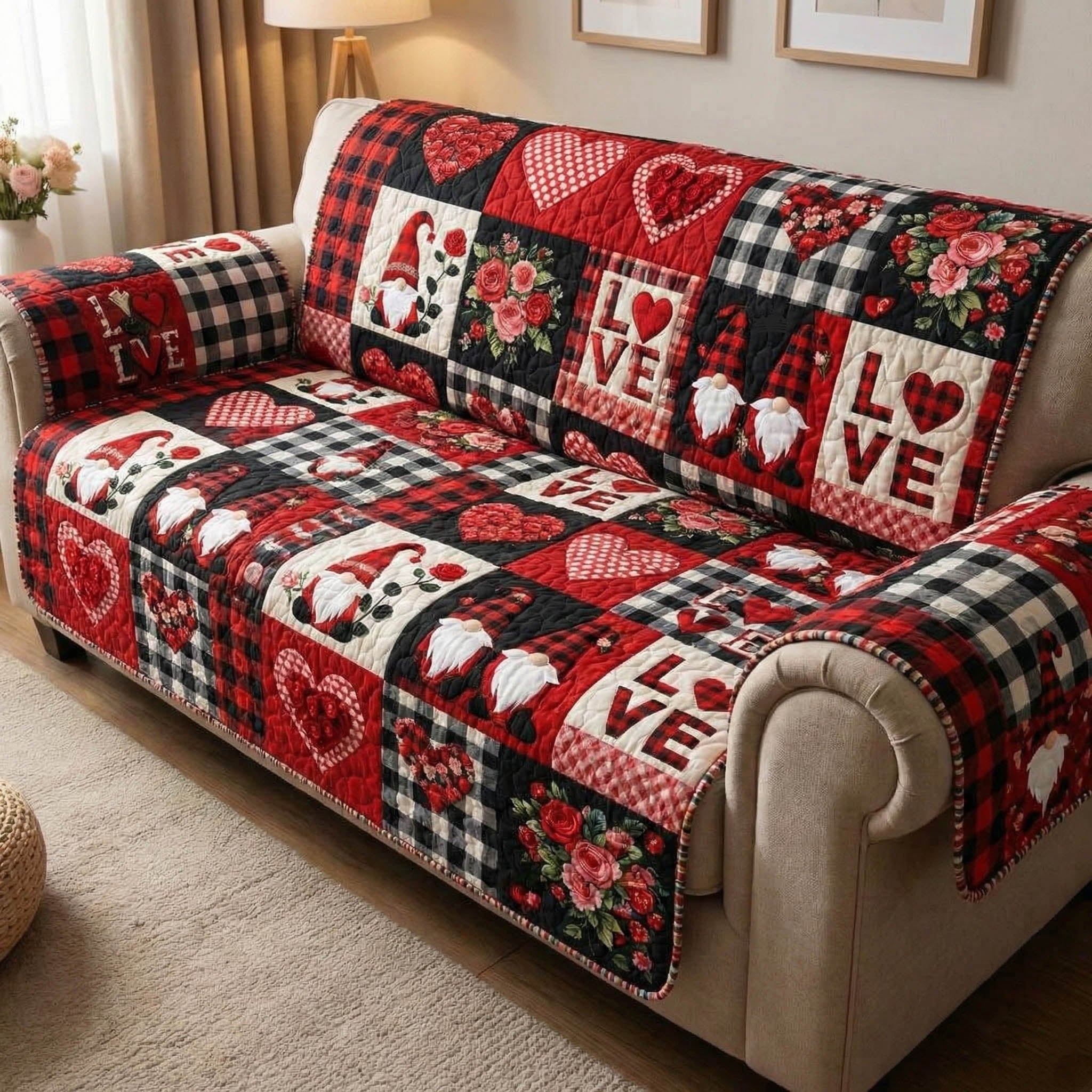 Love Gnomes on Red Buffalo Check Sofa Cover