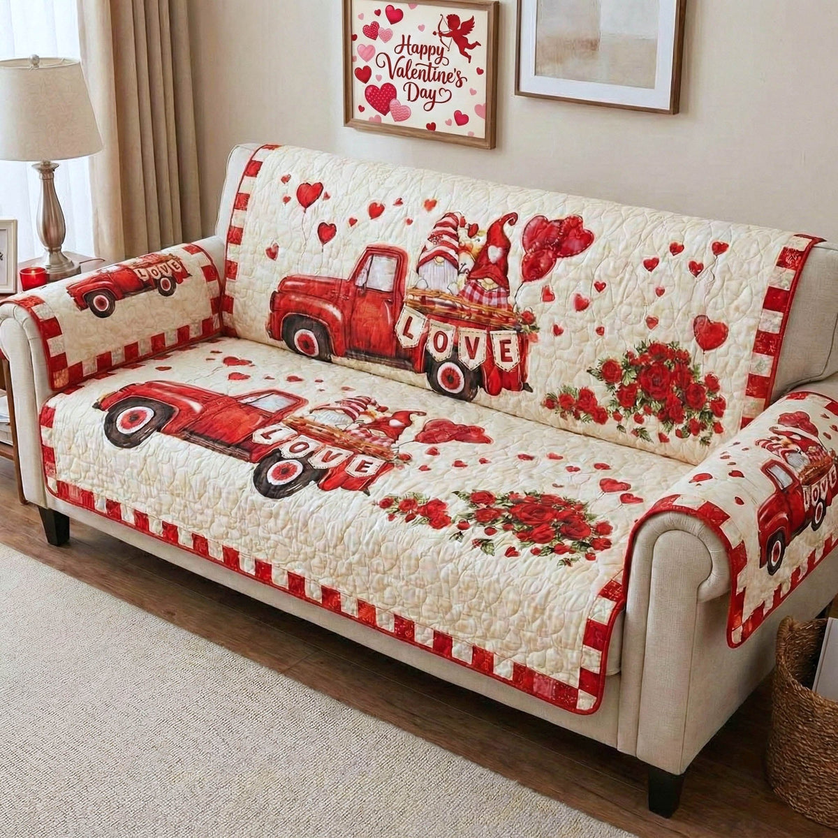 Red Truck Carrying Love and Hearts Sofa Cover