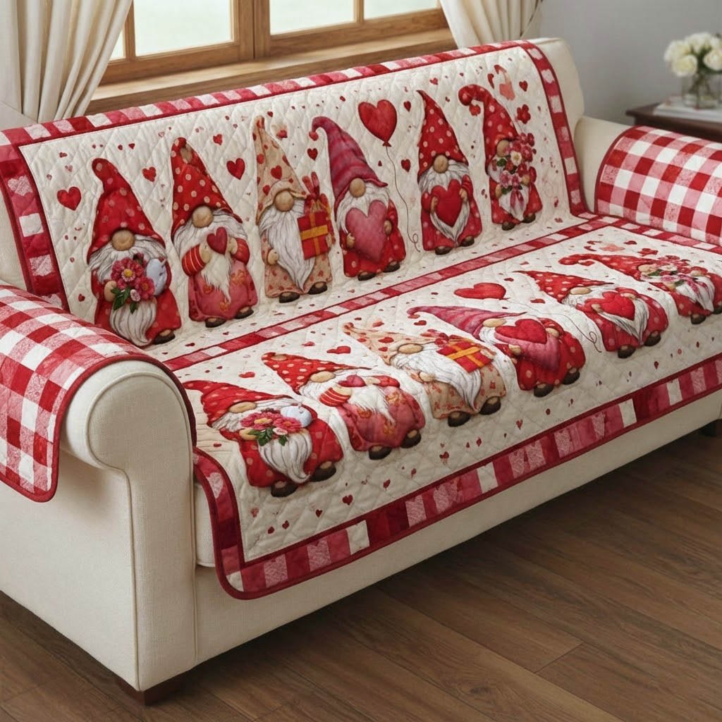 Gnomes and Hearts on Red and Cream Blocks Sofa Cover
