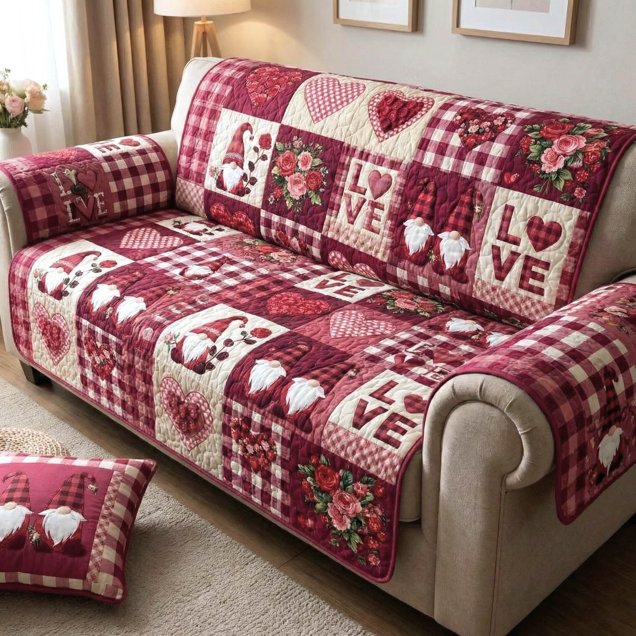 Love Blocks in Pink and Rose Floral Sofa Cover