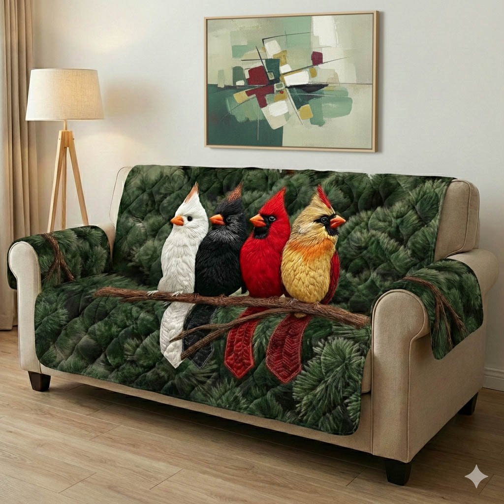 Cardinals and a White Bird on Green Sofa Cover