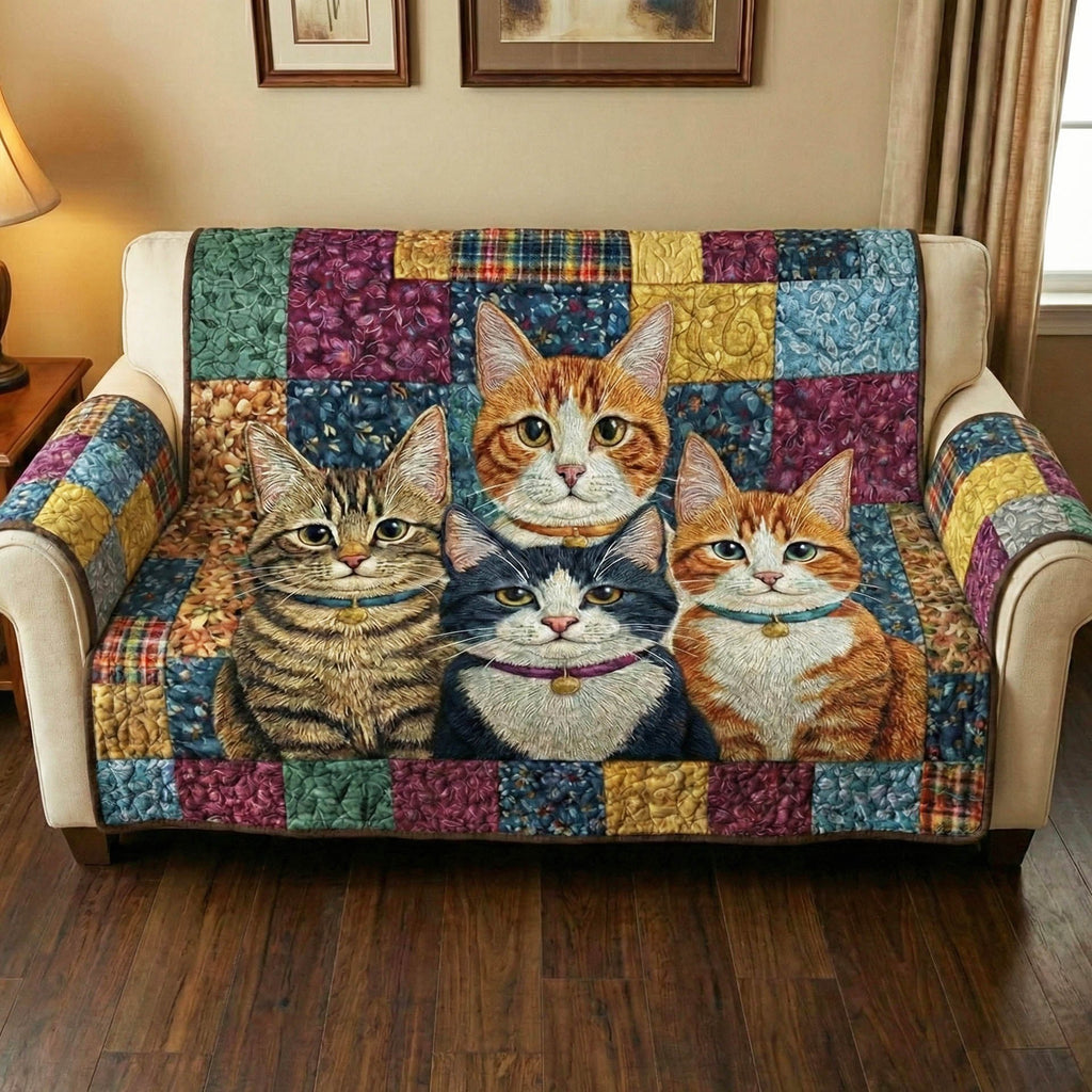 Cats on the Blue Patchwork Squares Sofa Cover