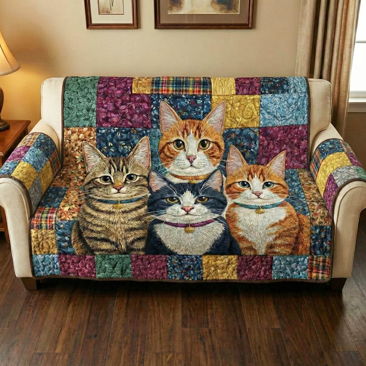 Cats on the Blue Patchwork Squares Sofa Cover