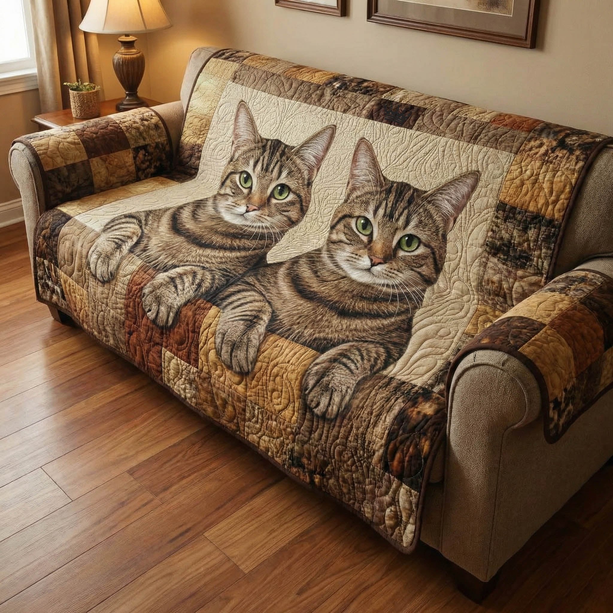 Tabby Cats on Cream Ticking Sofa Cover