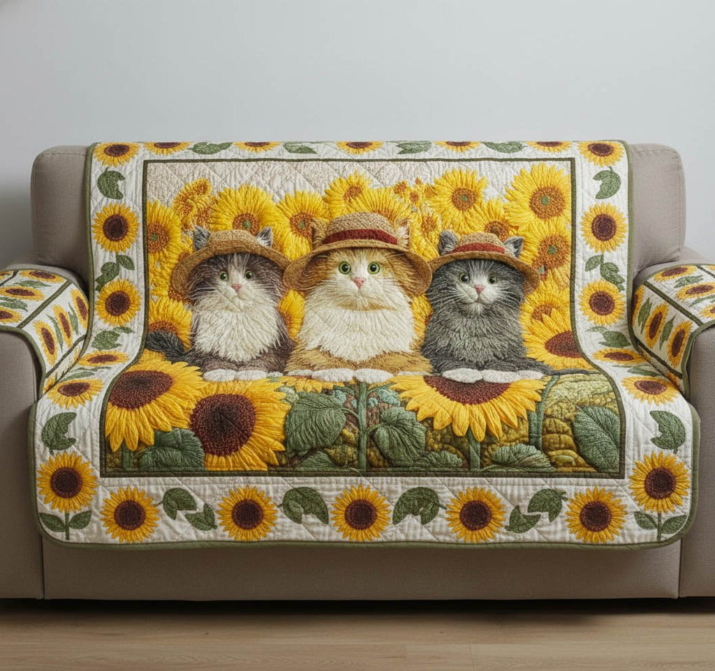 Cats in Straw Hats Among Sunflowers Sofa Cover