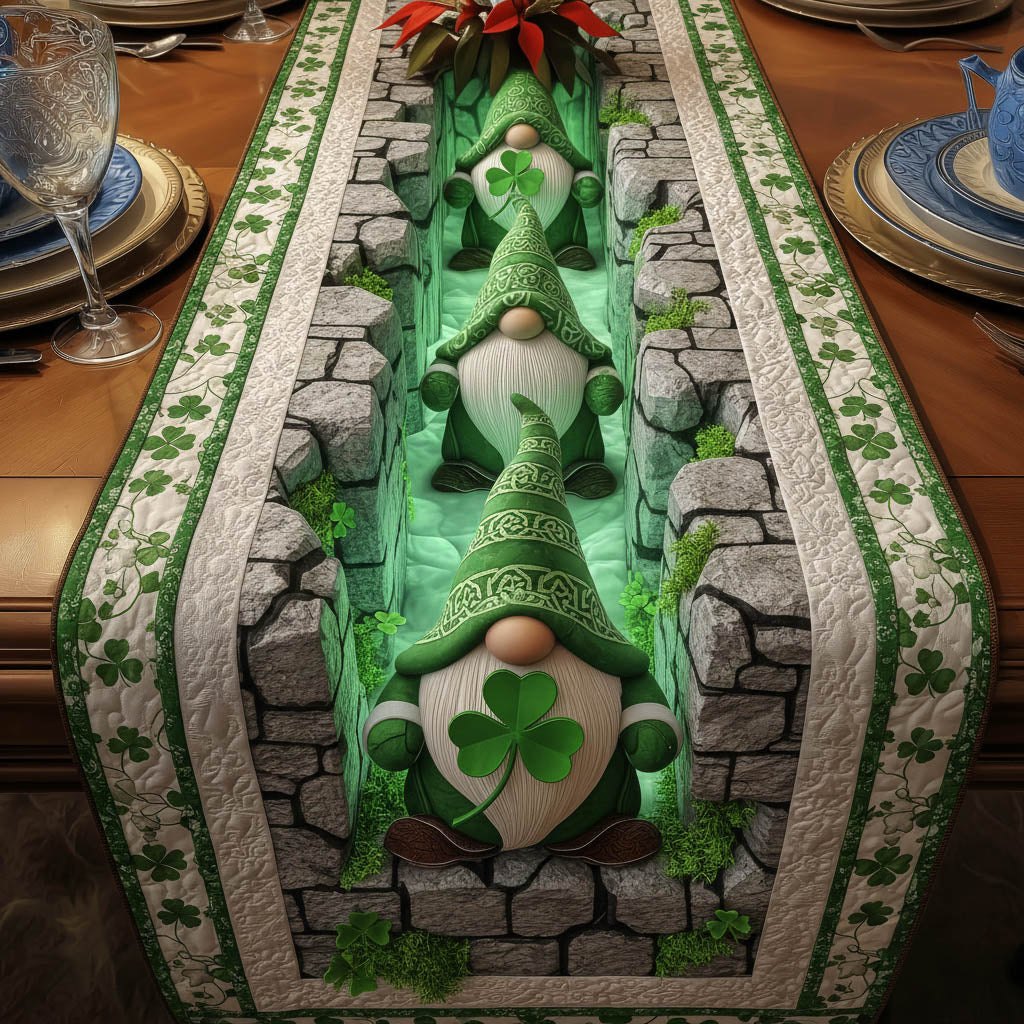 Gnome with Clover on Stone Wall Table Runner