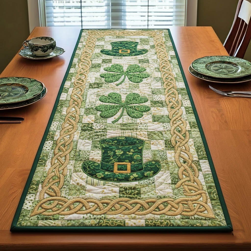Green Clovers with Gold Braid Table Runner