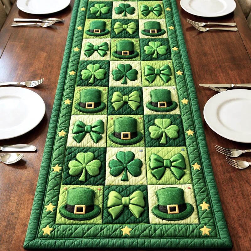 Green Hats and Clovers in Squares Table Runner